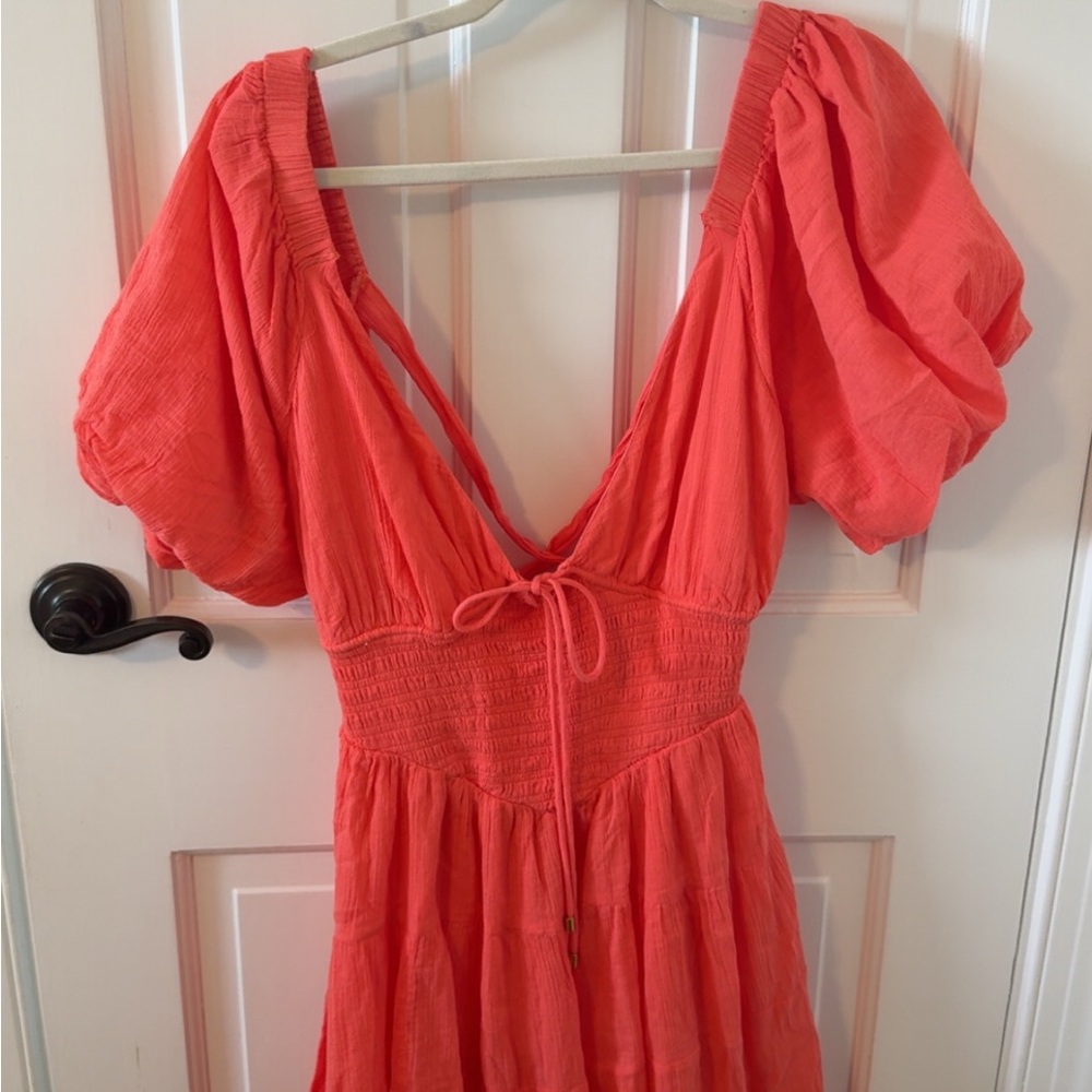 Elegant Coral Puff Sleeve Dress